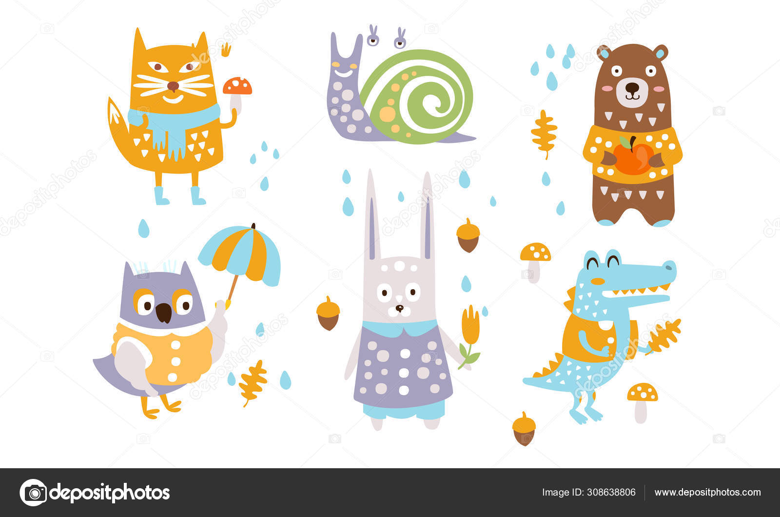 かわいい森の動物セット 秋の季節のデザイン要素 キツネ カタツムリ