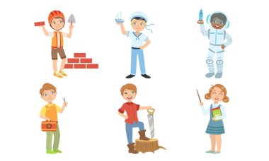 Sevimli Erkek ve Çeşitli Meslekler Seti, Builder, Sailor, Astronot, Lumberjack, Öğretmen Vektör İllüstrasyon