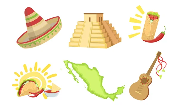 Traditionelles mexikanisches Symbolset, Sombrero-Hut, Karte, Taco, Maya-Pyramide, akustische Gitarrenvektorillustration — Stockvektor