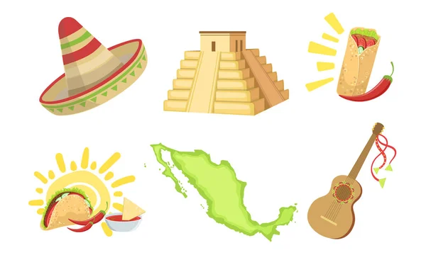 Conjunto de Símbolos Culturales Tradicionales de México, Sombrero Sombrero, Mapa, Taco, Pirámide Maya, Ilustración de Vectores de Guitarra Acústica — Archivo Imágenes Vectoriales