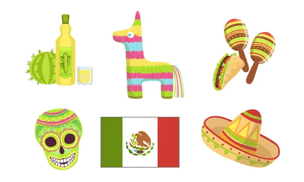 Traditionelles mexikanisches Symbolset, Maracas, Pinata, Zuckerschädel, Flagge, Sombrero-Hut, Tequila-Vektorillustration — Stockvektor