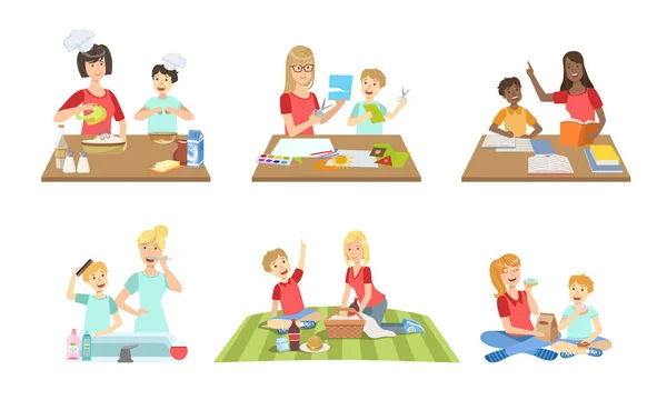 Matka a syn provádějící každodenní aktivity společně set, vaření, čtení knihy, vytváření aplikování, vytvoření vektorové ilustrace na piknik — Stockový vektor