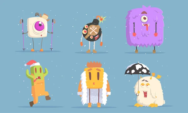 Colección de personajes de dibujos animados de monstruos divertidos en la temporada de invierno Set Vector Illustration — Vector de stock