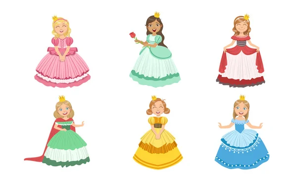 Lányok princesses chracters különböző színes gyönyörű ruhák beállítása Vector illusztráció — Stock Vector