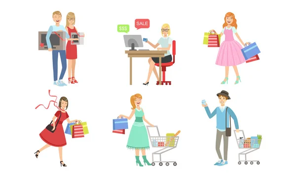 Колекція людей, що несуть сумки з покупками, онлайн-магазини, чоловіки і жінки беруть участь в сезонному продажу в торговому центрі, магазин або магазин векторної ілюстрації — стоковий вектор