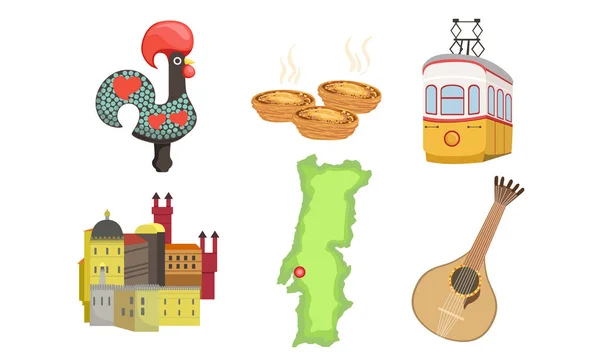 Conjunto de símbolos culturales tradicionales de Portugal, signos históricos de Lissabon Ilustración — Vector de stock