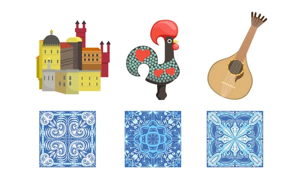 Conjunto de símbolos culturales tradicionales de Portugal, Signos históricos de Lissabon, Viaje a Portugal Elementos de diseño Ilustración — Vector de stock