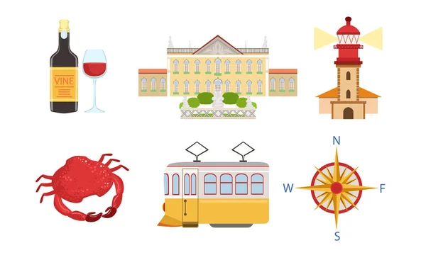 Set de Símbolos Tradicionales de Portugal, Signos Históricos y Culturales de Lissabon, Viaje a Portugal Elementos de Diseño Ilustración — Vector de stock