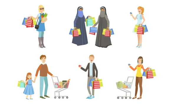 Collection de différentes personnes portant des sacs à provisions avec des achats, hommes et femmes prenant part à la vente saisonnière au centre commercial, magasin ou magasin Illustration vectorielle — Image vectorielle