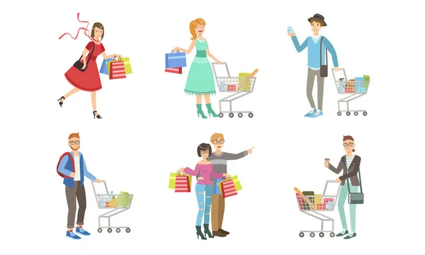 Collectie van verschillende mensen vervoeren boodschappentassen met aankopen en duwen karren vol met boodschappen vector illustratie — Stockvector
