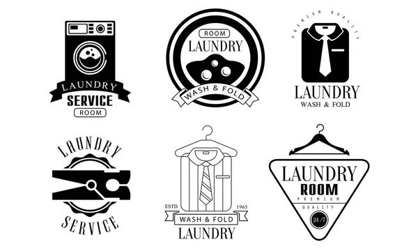 洗衣服务室，洗涤和折叠标签集，洗衣服务复古徽章单色矢量插图 — 图库矢量图片