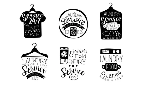 Wasserij service, wassen en vouwen etiketten set, droge reiniging Vintage hand getrokken badges monochroom vector illustratie — Stockvector