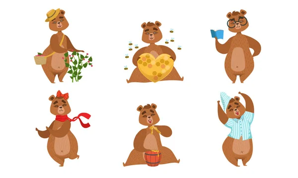 Schattig mannelijke en vrouwelijke beren personages set, schattige gehumaniseerd bos dier in verschillende situaties vector illustratie — Stockvector