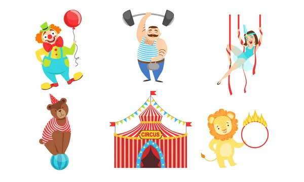 Conjunto de personajes de artistas de circo, Strongman, gimnasta de aire, payaso, león de circo e ilustración vectorial de oso — Vector de stock