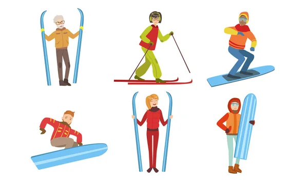 Set di attività sportive invernali, Persone diverse in vestiti caldi Sci e snowboard, Illustrazione vettoriale — Vettoriale Stock
