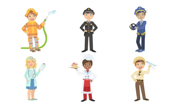 Lindos chicos y chicas de varias profesiones, bombero, policía, taxista, médico, cocinero, ilustración de vectores piloto — Vector de stock