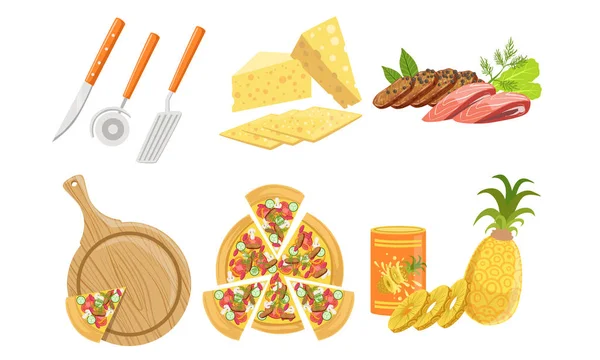 Pizza e todos os ingredientes para cozinhá-lo conjunto, produtos frescos e ferramentas para pizza que faz a ilustração do vetor —  Vetores de Stock