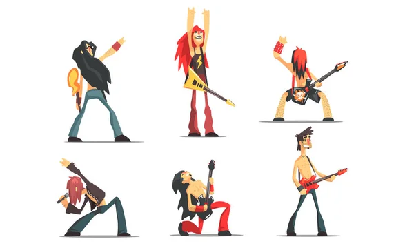 Rock muzikanten zingen en spelen gitaar set, mannelijke Rockers uitvoeren op podium vector illustratie — Stockvector