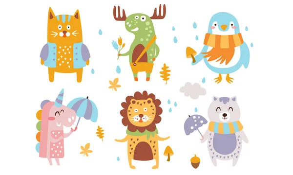 かわいい森の動物セット、秋の季節のデザイン要素、猫、ムース、ペンギン、ユニコーン、ライオンベクトルイラスト — ストックベクタ