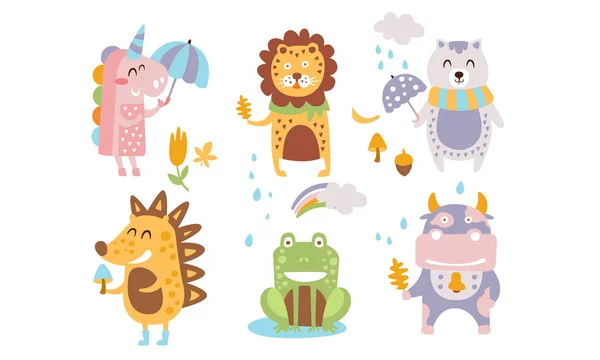 Sladký lesní živočichové, podzimních návrhových prvků, jednorožec, lev, kočka, Ježek, žabák, kravská vektorová ilustrace — Stockový vektor