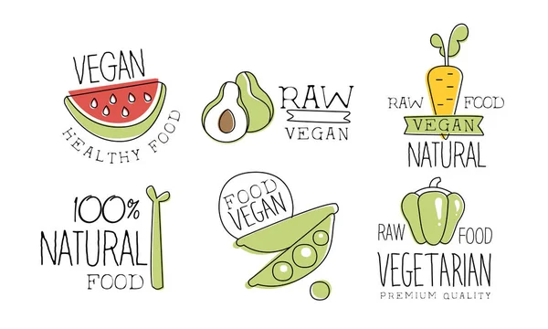 Vegane gesunde Lebensmittel Etiketten Set, natürliche rohe vegetarische Lebensmittel handgezeichnete Etiketten Vektorillustration — Stockvektor