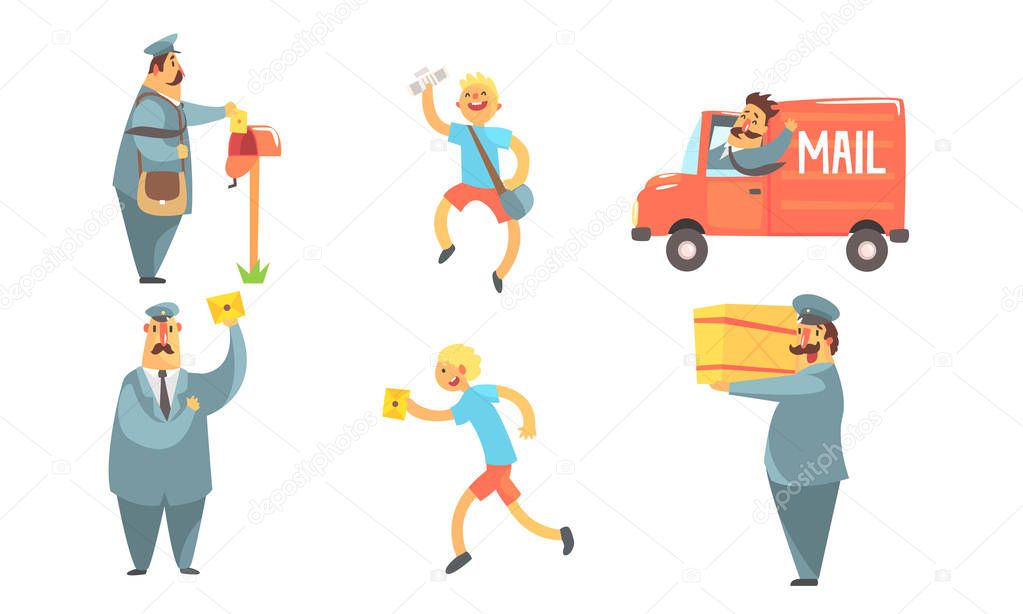 Postmen Delivering Letters Set, Funny Deliverymen Cartoon Characters with Parcels, Shipping Service Vector Illustration