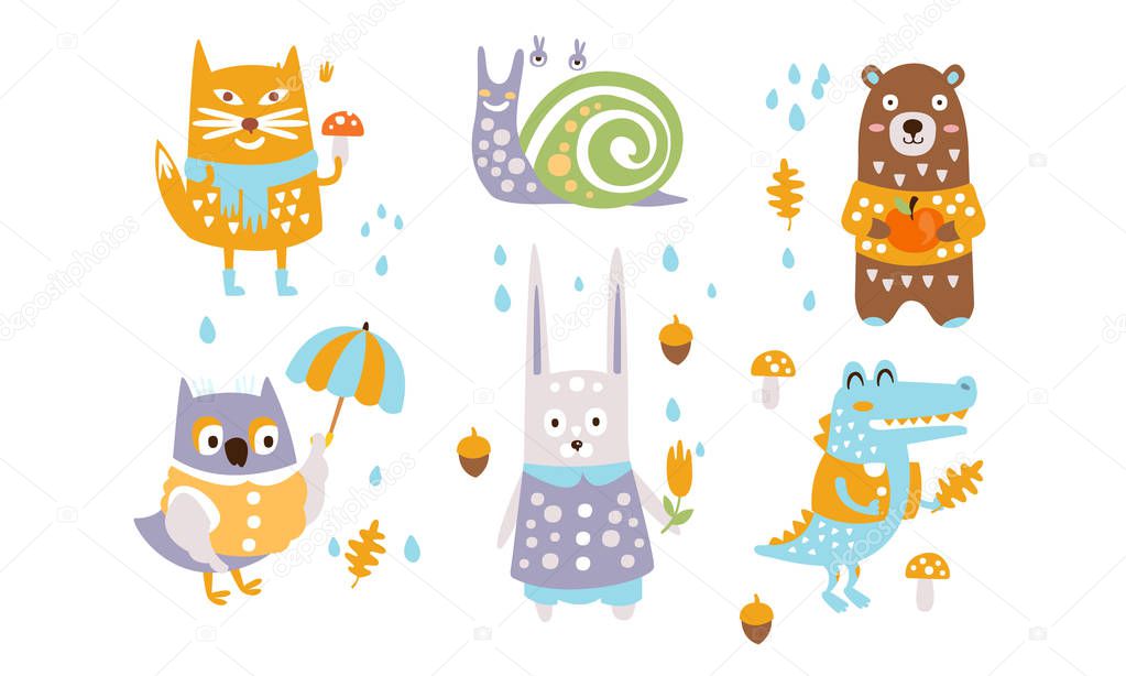 Cute Forest Animals Set, Autumn Season Design Elements, Fox, Snail, Bear, Owl, Rabbit, Crocodile Vector Illustration