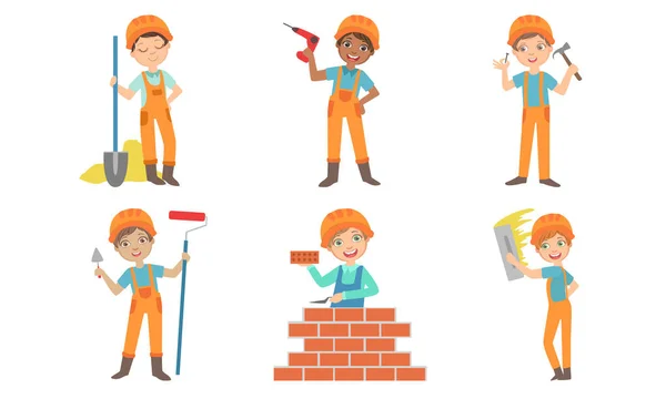 Cute Kids bouwarbeiders set, jongens en meisjes bouwers personages in uniform en harde hoeden met professionele tools vector illustratie — Stockvector