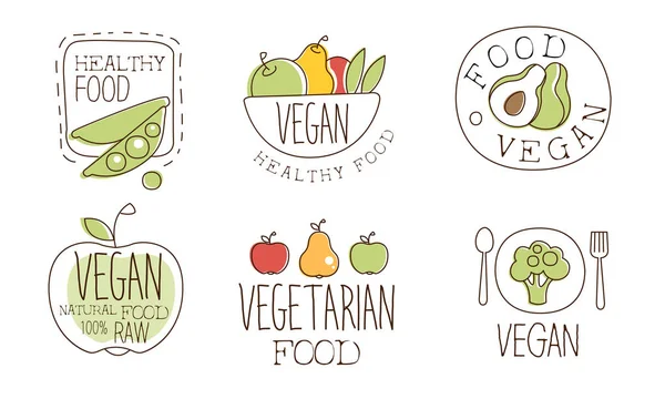 Vegan Sağlıklı Gıda Etiketleri Seti, Doğal Vejetaryen Gıda El Çizilmiş Etiketler Vektör İllüstrasyon — Stok Vektör