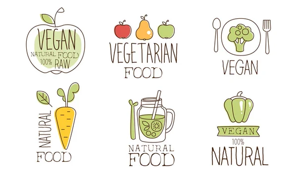 Set de etiquetas de alimentos naturales saludables veganos, alimentos vegetarianos crudos Etiquetas dibujadas a mano Ilustración vectorial — Vector de stock