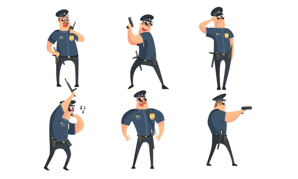 Grappige mannelijke Policeman cartoon personages set, openbare veiligheid Officer in blauw uniform poseren in verschillende situaties vector illustratie — Stockvector