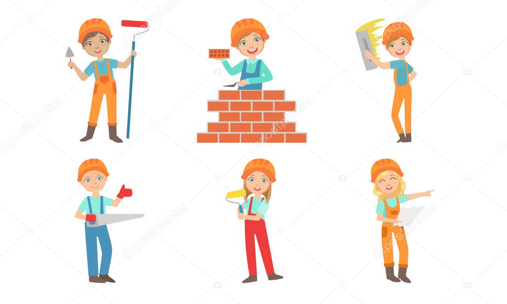 Cute Kids Construction Workers Set, Boys and Girls Builders Characters in Workwear Overalls and Hard Hats with Professional Tools Vector Illustration