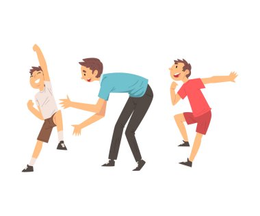 Baba ve Oğulları Catch Up ve Tag Oyunu, Baba ve Çocuklar Birlikte Good Time, En İyi Baba, Mutlu Aile Karikatür Vektör İllüstrasyon sahip