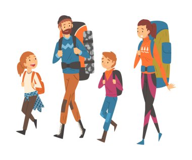 Mutlu Aile Birlikte Sırt Çantaları ile Seyahat, Anne, Baba, Oğulları ve Kızı Doğaya Trekking, Yürüyüş, Maceralar, Aktif Rekreasyon Vektör İllüstrasyon