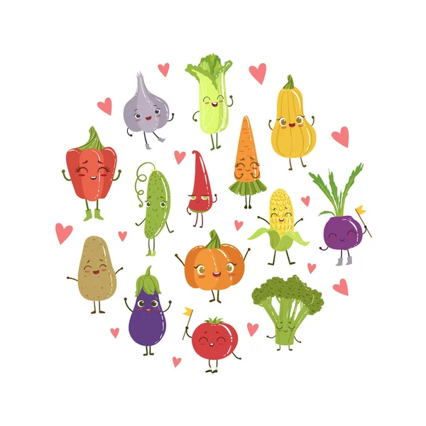 Coloridos divertidos vegetales personajes de dibujos animados patrón sin costuras de forma redonda, alimentación saludable Vector Ilustración — Vector de stock