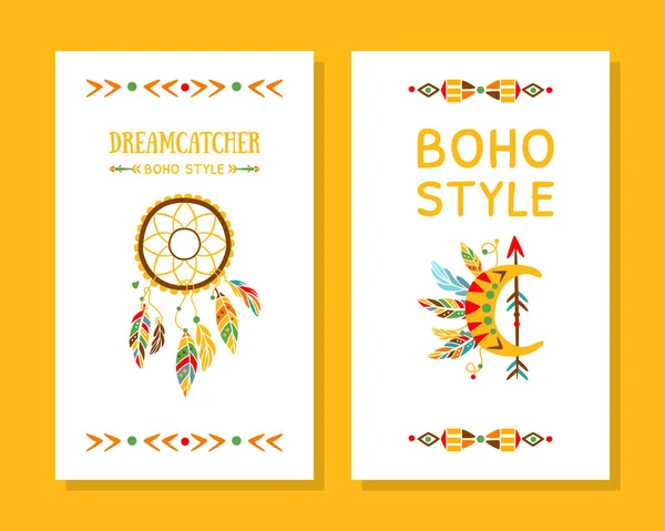 Boho Style Cards Collection, Dreamcatcher with Ethnic Feathers, Template Can be Used for Banner, Flyer, Placard Vector Illustration — Stock Vector