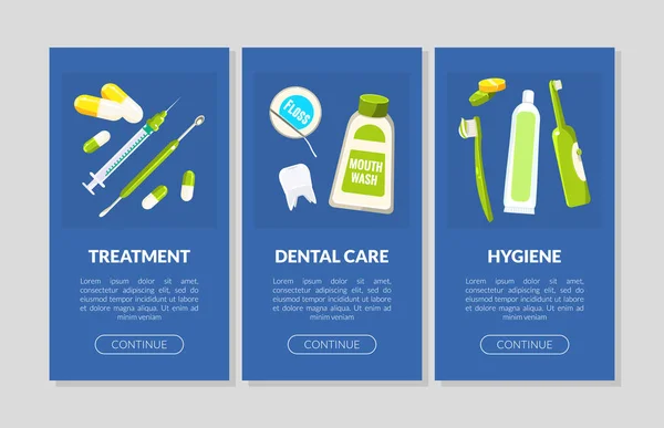 Tratamiento, Cuidado Dental, Set de Páginas de Desembarco de Higiene, Sitio Web de Servicio Dental, Plantillas de Aplicación Ilustración Vectorial — Archivo Imágenes Vectoriales