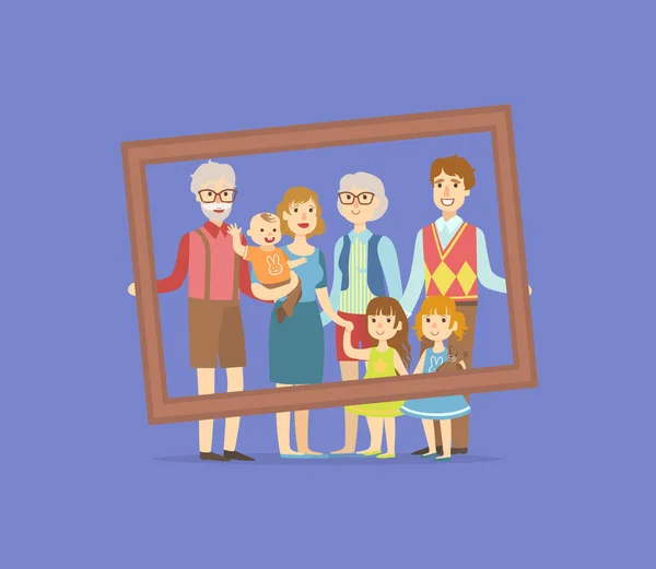 Lycklig stor familj. Far, mor, barn, farfar och mormor håller en ihålig ram vektor illustration — Stock vektor
