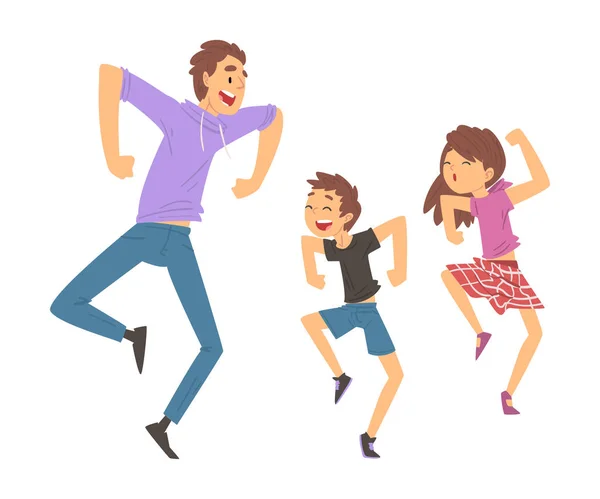 Otec, Dcera a syn skáčou nebo tančí, otec a děti mají dobrý čas spolu, nejlepší táta, šťastná rodina kreslená vektorová ilustrace — Stockový vektor