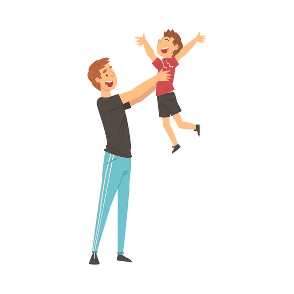 Papa hält lächelnden Sohn auf den Händen, Vater und Kind haben eine gute Zeit zusammen, glückliche Familie Cartoon Vektor Illustration — Stockvektor