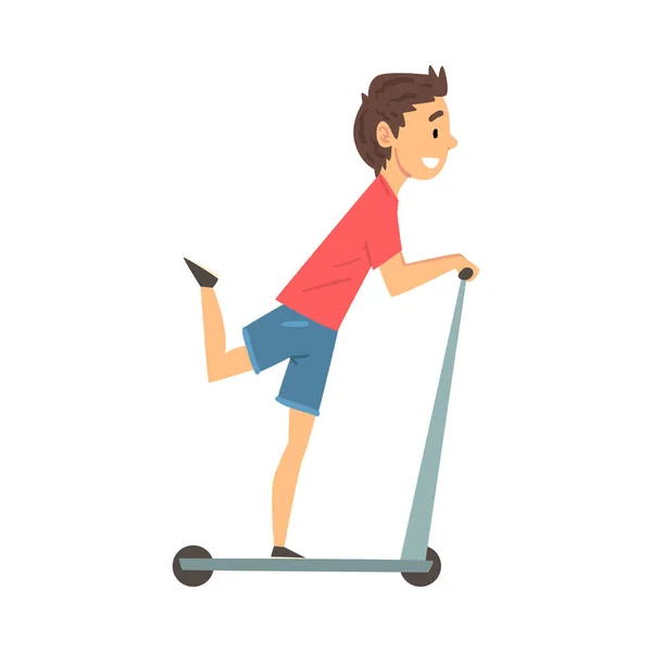 Happy Boy Riding Kick Scooter, Criança se divertindo ao ar livre Vector Ilustração —  Vetores de Stock