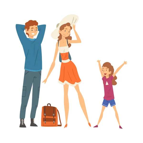 Famille heureuse voyageant ensemble, mère, père et fille en vacances d'été, aventures, loisirs actifs Illustration vectorielle — Image vectorielle