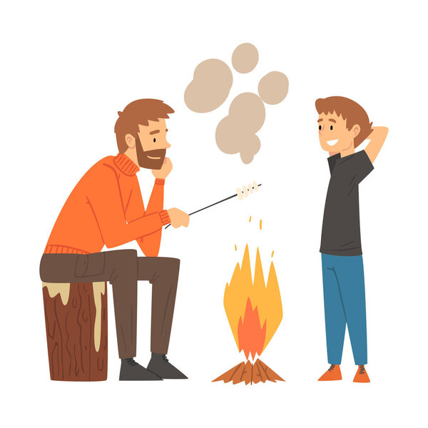 Father and Son Frying Marshmallows on Bonfire, Family Camping, Hiking, Summer Adventures, Active Recreation Vector Illustration