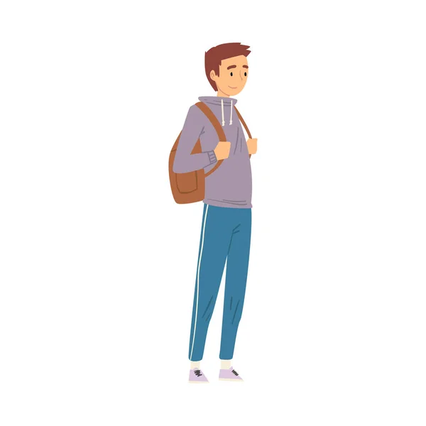 Hombre Turista de pie con mochila, Joven viajando, Senderismo, Aventuras, Recreación Activa Vector Illustration — Vector de stock
