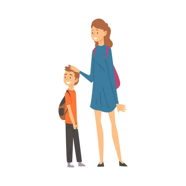 Mãe e filho viajando juntos, mãe, família feliz indo de férias de verão Vector Ilustração — Vetor de Stock