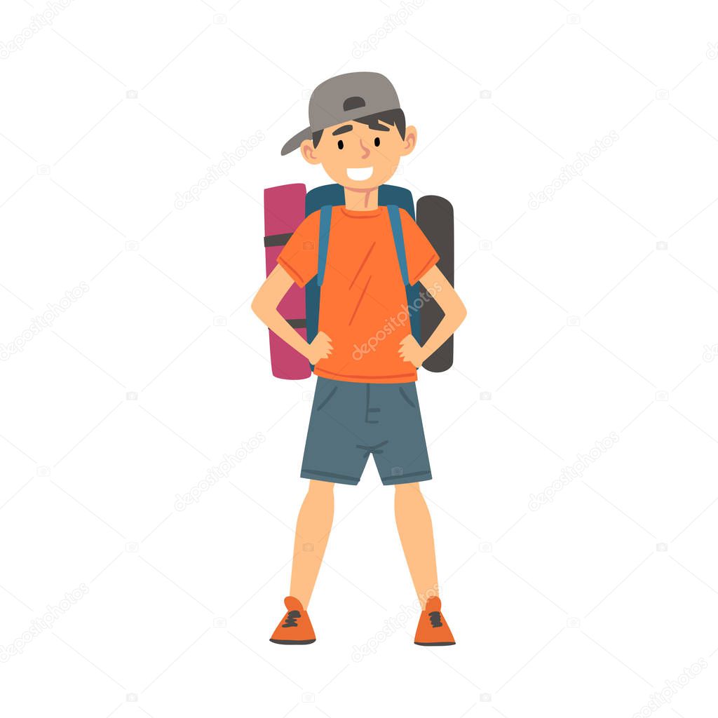 Cute Boy Standing with Backpack, Kid Travelling on Vacation Vector Illustration