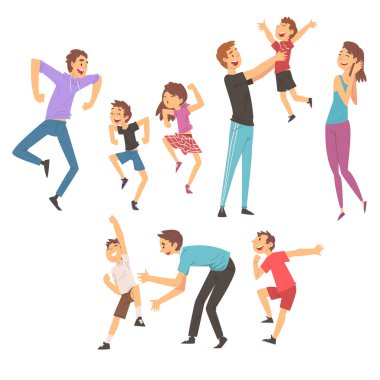 Çocuklar Seti ile Oynayan Babalar, Oğulları ve Kızları Birlikte Eğlenen Babalar, En İyi Baba, Mutlu Aile Karikatür Vektör İllüstrasyon