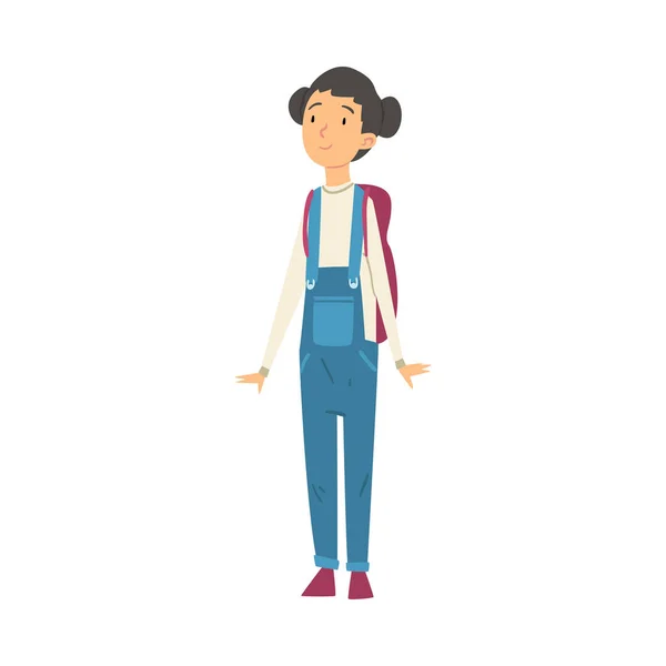 Χαριτωμένο κορίτσι σε ντένιμ φόρμες στέκεται με σακίδιο διανυσματική απεικόνιση — Διανυσματικό Αρχείο