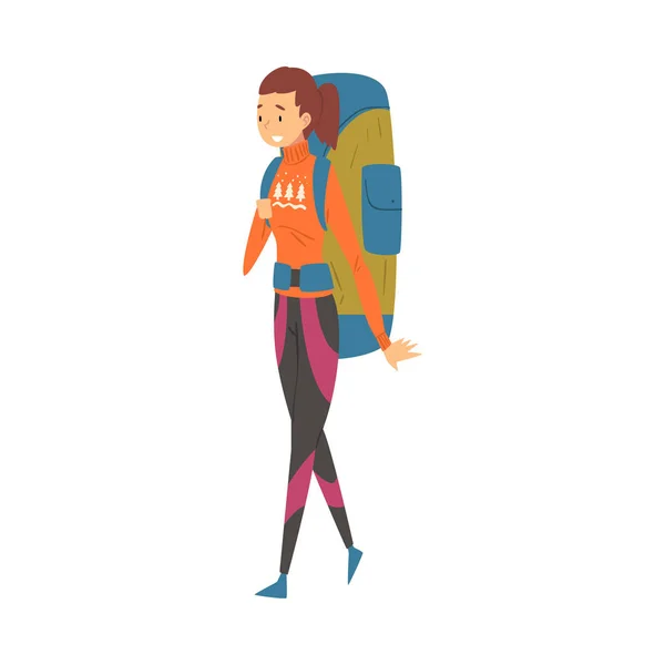 Туристическая женская прогулка с рюкзаком, летние каникулы, походы, приключения, векторная иллюстрация для активного отдыха — стоковый вектор