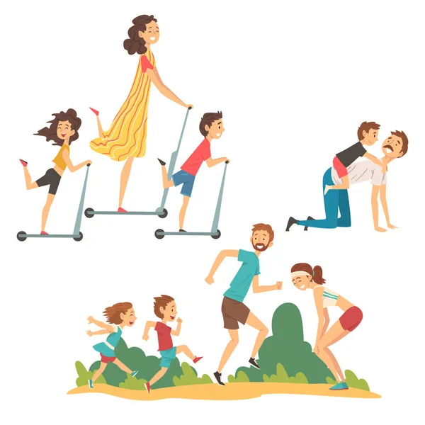 Famílias felizes andando no parque Set, Pai, Mãe, Filha e Filho se divertindo juntos, Montando pontapé Scooter Vector Ilustração — Vetor de Stock